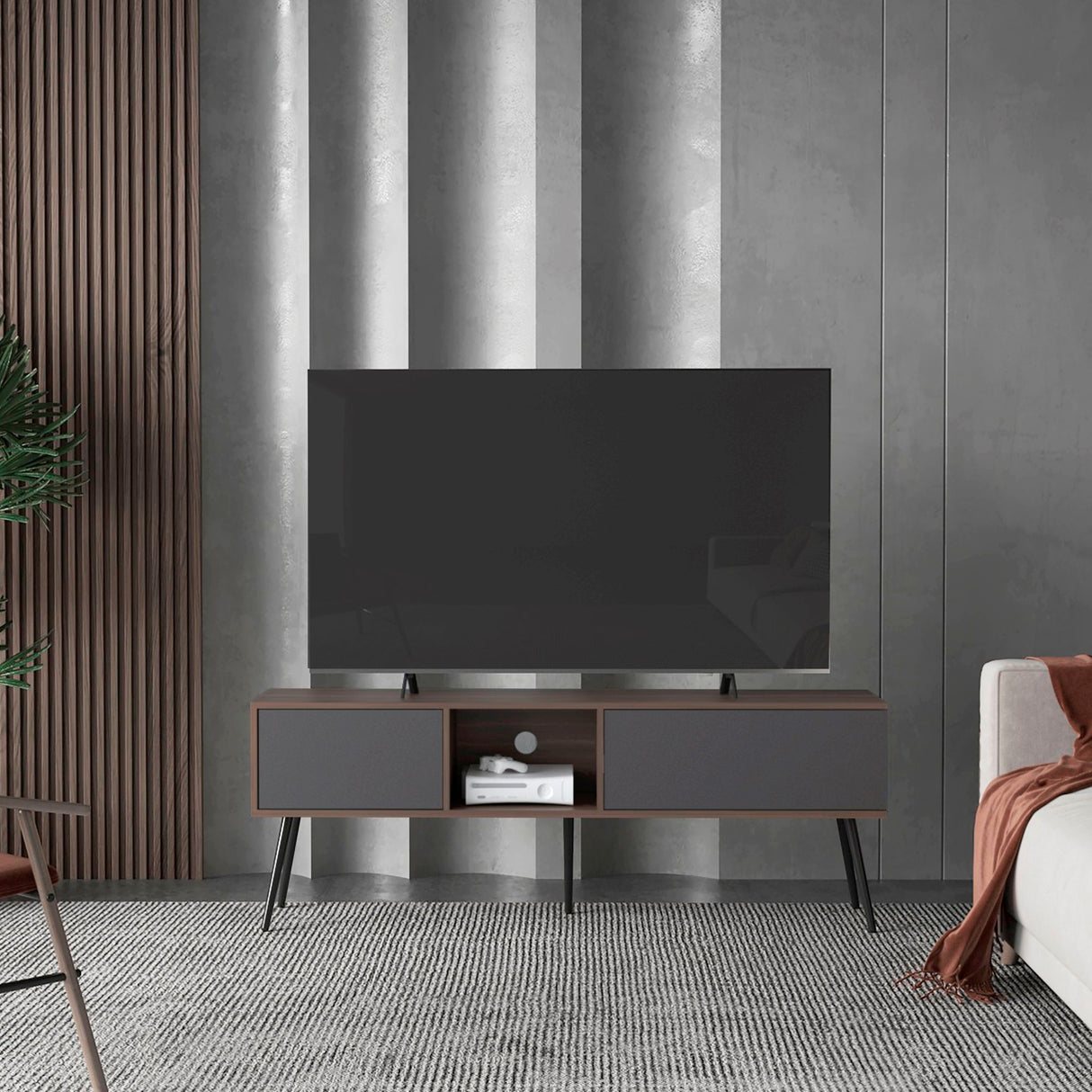 Mesa para TV Zurich Milan y Plomo 158.4x58.4cm para TV Hasta 70" Pulgadas con Tres Compartimientos y con Un Cajón - MUEBLES DE TV | Bylmo