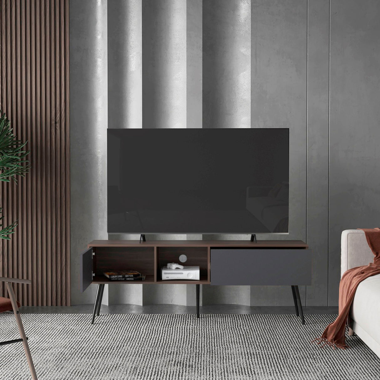 Mesa para TV Zurich Milan y Plomo 158.4x58.4cm para TV Hasta 70" Pulgadas con Tres Compartimientos y con Un Cajón - MUEBLES DE TV | Bylmo