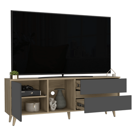 Rack de TV Salem Fresno y Plomo 158.4x58.4cm para TV Hasta 65" Pulgadas con Cinco Compartimientos y con Dos Cajones - MUEBLES DE TV | Bylmo
