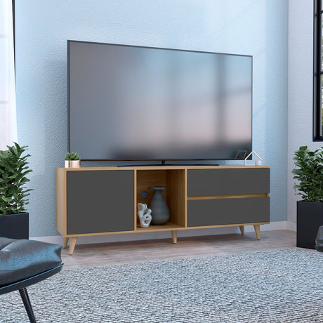 Rack de TV Salem Fresno y Plomo 158.4x58.4cm para TV Hasta 65" Pulgadas con Cinco Compartimientos y con Dos Cajones - MUEBLES DE TV | Bylmo