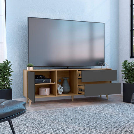 Rack de TV Salem Fresno y Plomo 158.4x58.4cm para TV Hasta 65" Pulgadas con Cinco Compartimientos y con Dos Cajones - MUEBLES DE TV | Bylmo