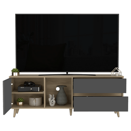 Rack de TV Salem Fresno y Plomo 158.4x58.4cm para TV Hasta 65" Pulgadas con Cinco Compartimientos y con Dos Cajones - MUEBLES DE TV | Bylmo