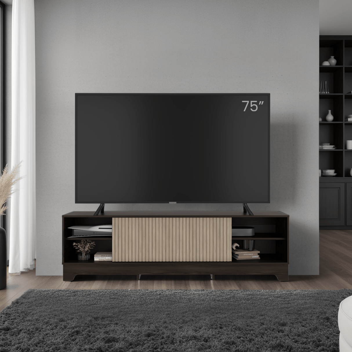 Centro de Entretenimiento Smith Nogal y Roble Natural 180x52.4cm para TV Hasta 75" Pulgadas con Cuatro Compartimientos - MUEBLES DE TV | Bylmo