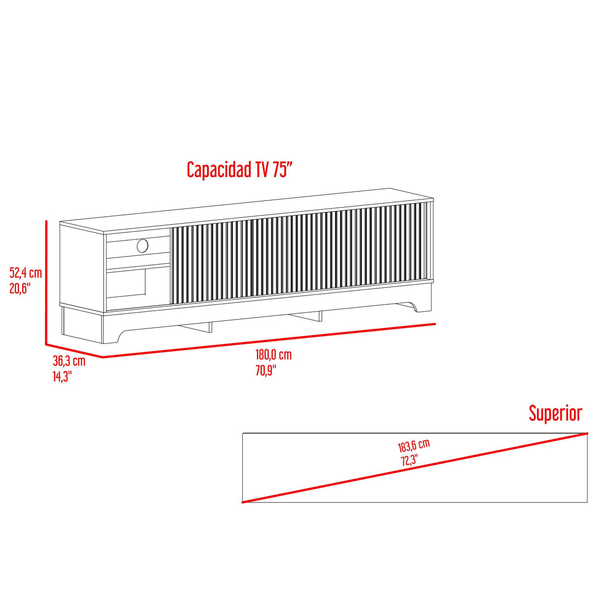 Centro de Entretenimiento Smith Nogal y Roble Natural 180x52.4cm para TV Hasta 75" Pulgadas con Cuatro Compartimientos - MUEBLES DE TV | Bylmo