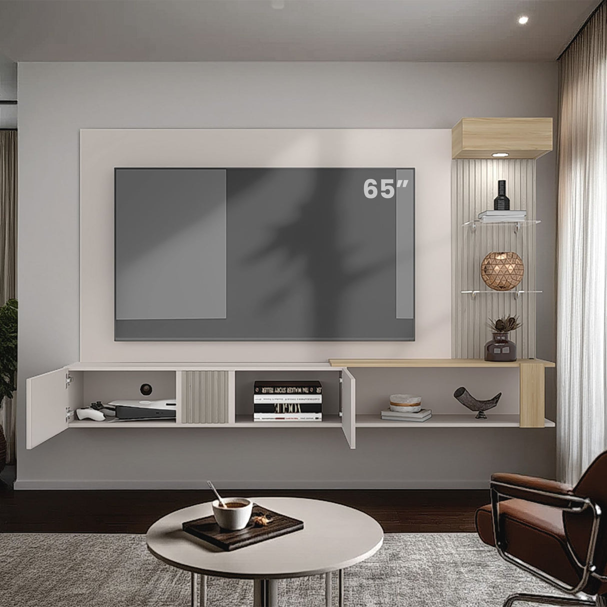 Panel de TV Isolde Capri y Fresno 208.7x132.2cm para TV Hasta 70" Pulgadas con Seis Compartimientos - MUEBLES DE TV | Bylmo