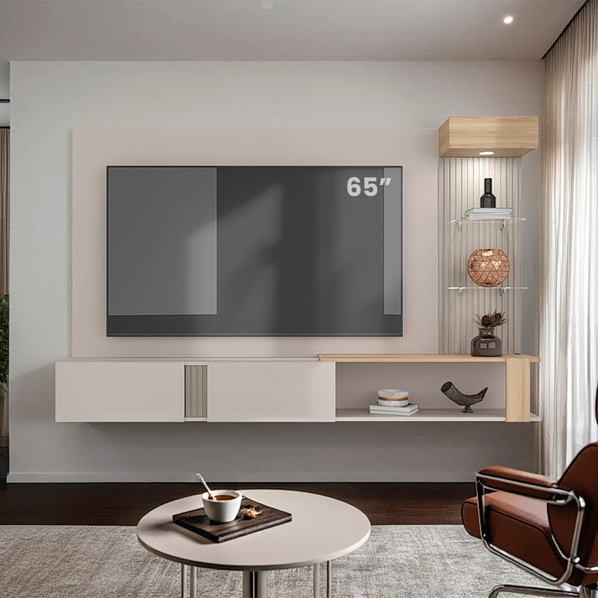 Panel de TV Isolde Capri y Fresno 208.7x132.2cm para TV Hasta 65" Pulgadas con Seis Compartimientos - MUEBLES DE TV | Bylmo