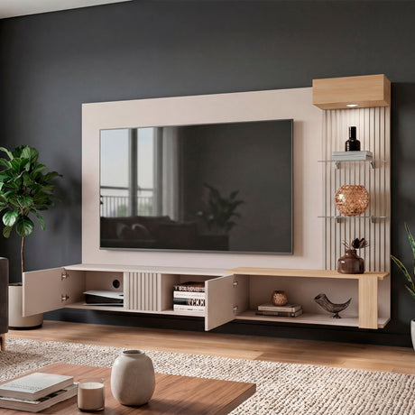 Panel de TV Isolde Capri y Fresno 208.7x132.2cm para TV Hasta 65" Pulgadas con Seis Compartimientos - MUEBLES DE TV | Bylmo