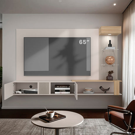 Panel de TV Isolde Capri y Fresno 208.7x132.2cm para TV Hasta 65" Pulgadas con Seis Compartimientos - MUEBLES DE TV | Bylmo