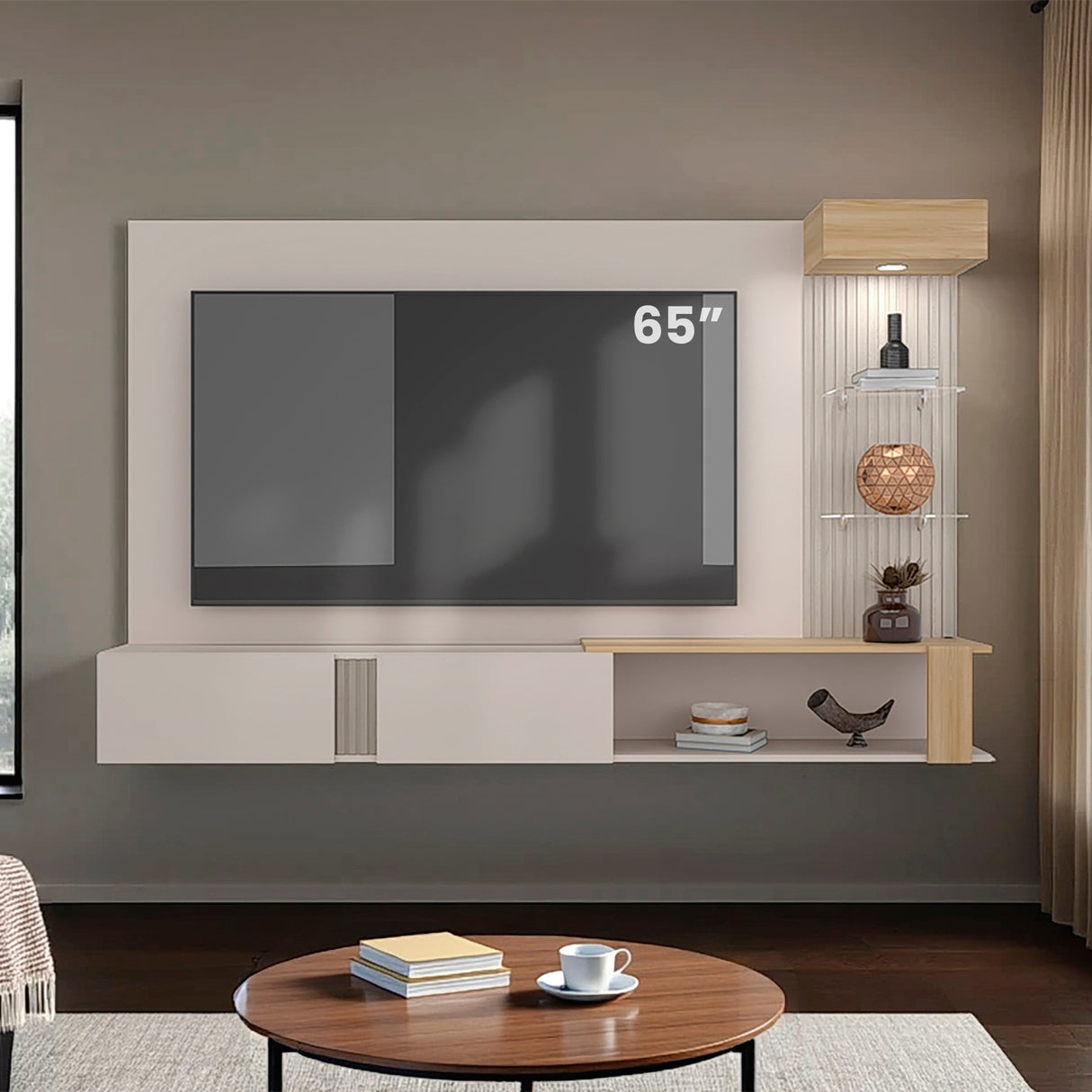 Panel de TV Isolde Capri y Fresno 208.7x132.2cm para TV Hasta 65" Pulgadas con Seis Compartimientos - MUEBLES DE TV | Bylmo