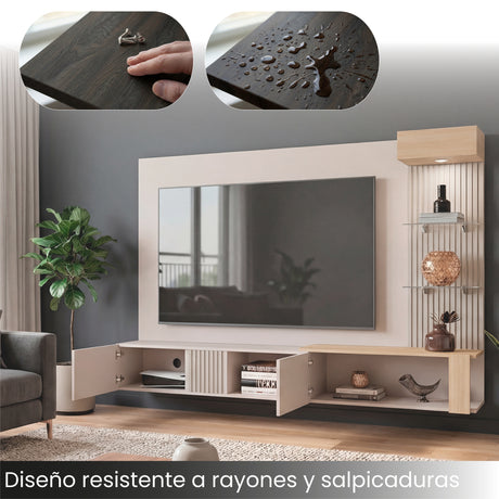 Panel de TV Isolde Capri y Fresno 208.7x132.2cm para TV Hasta 65" Pulgadas con Seis Compartimientos - MUEBLES DE TV | Bylmo