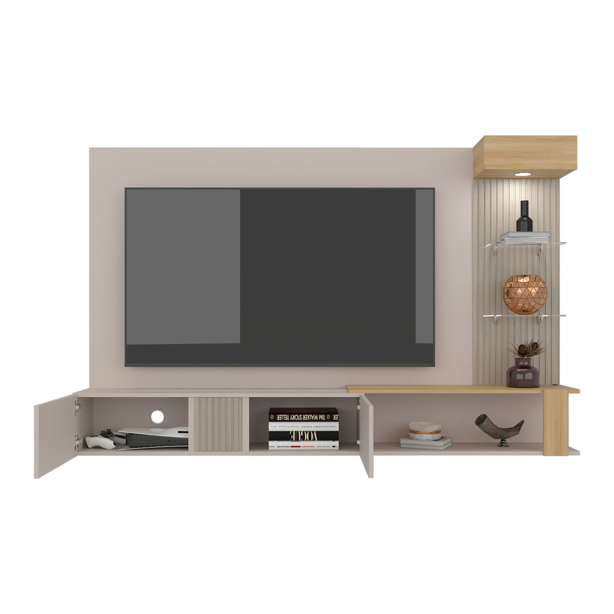 Panel de TV Isolde Capri y Fresno 208.7x132.2cm para TV Hasta 65" Pulgadas con Seis Compartimientos - MUEBLES DE TV | Bylmo