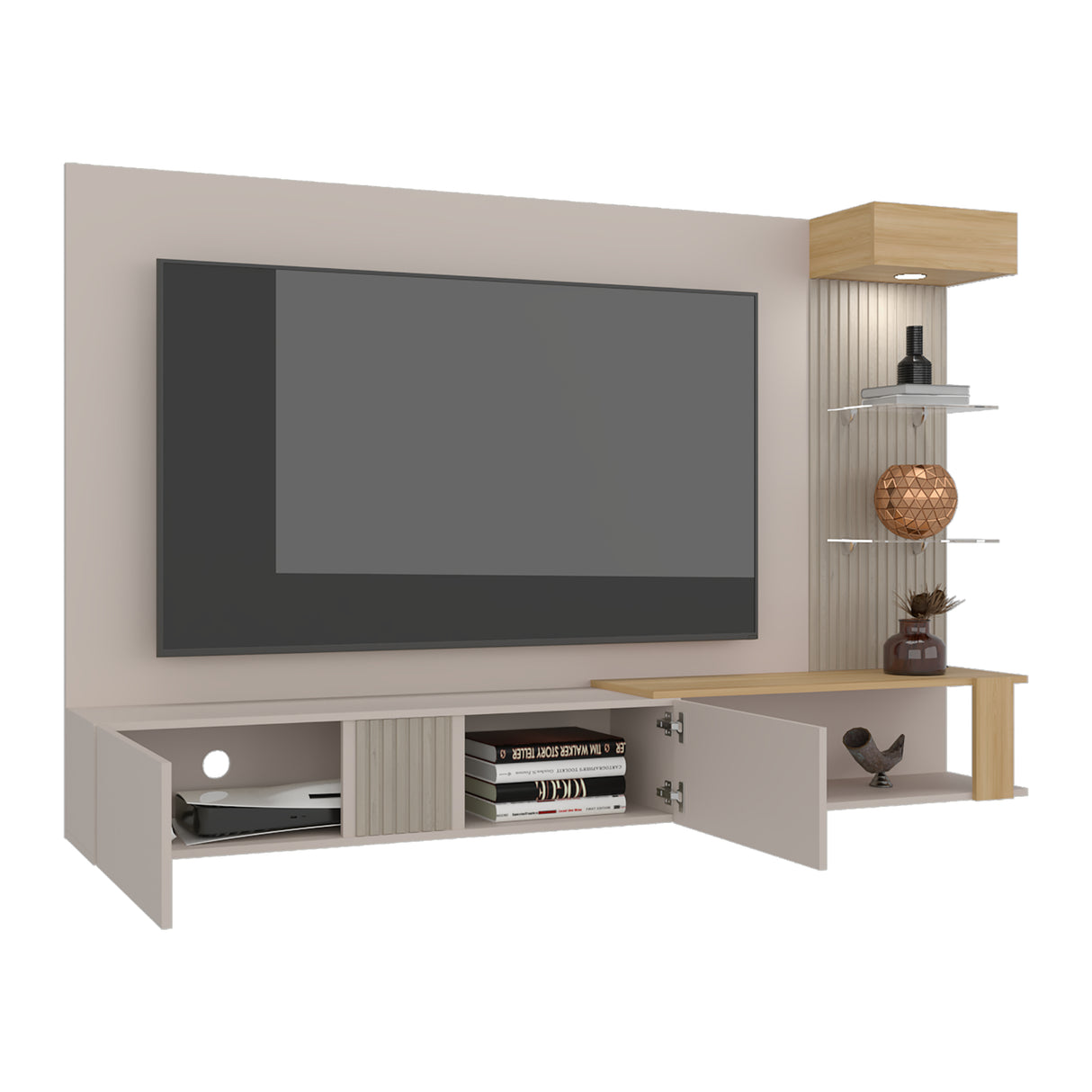 Panel de TV Isolde Capri y Fresno 208.7x132.2cm para TV Hasta 65" Pulgadas con Seis Compartimientos - MUEBLES DE TV | Bylmo