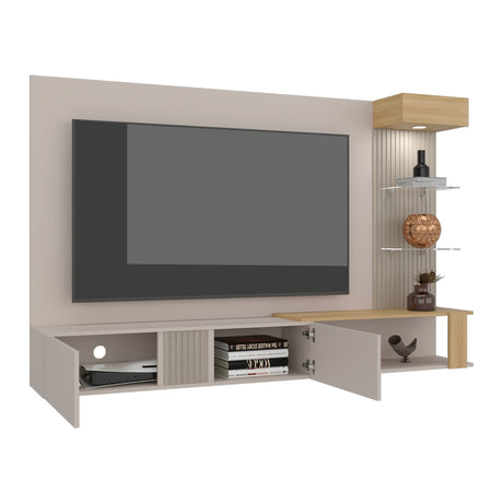 Panel de TV Isolde Capri y Fresno 208.7x132.2cm para TV Hasta 65" Pulgadas con Seis Compartimientos - MUEBLES DE TV | Bylmo