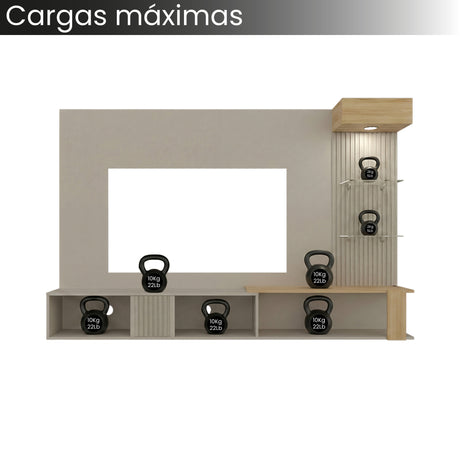 Panel de TV Isolde Capri y Fresno 208.7x132.2cm para TV Hasta 65" Pulgadas con Seis Compartimientos - MUEBLES DE TV | Bylmo