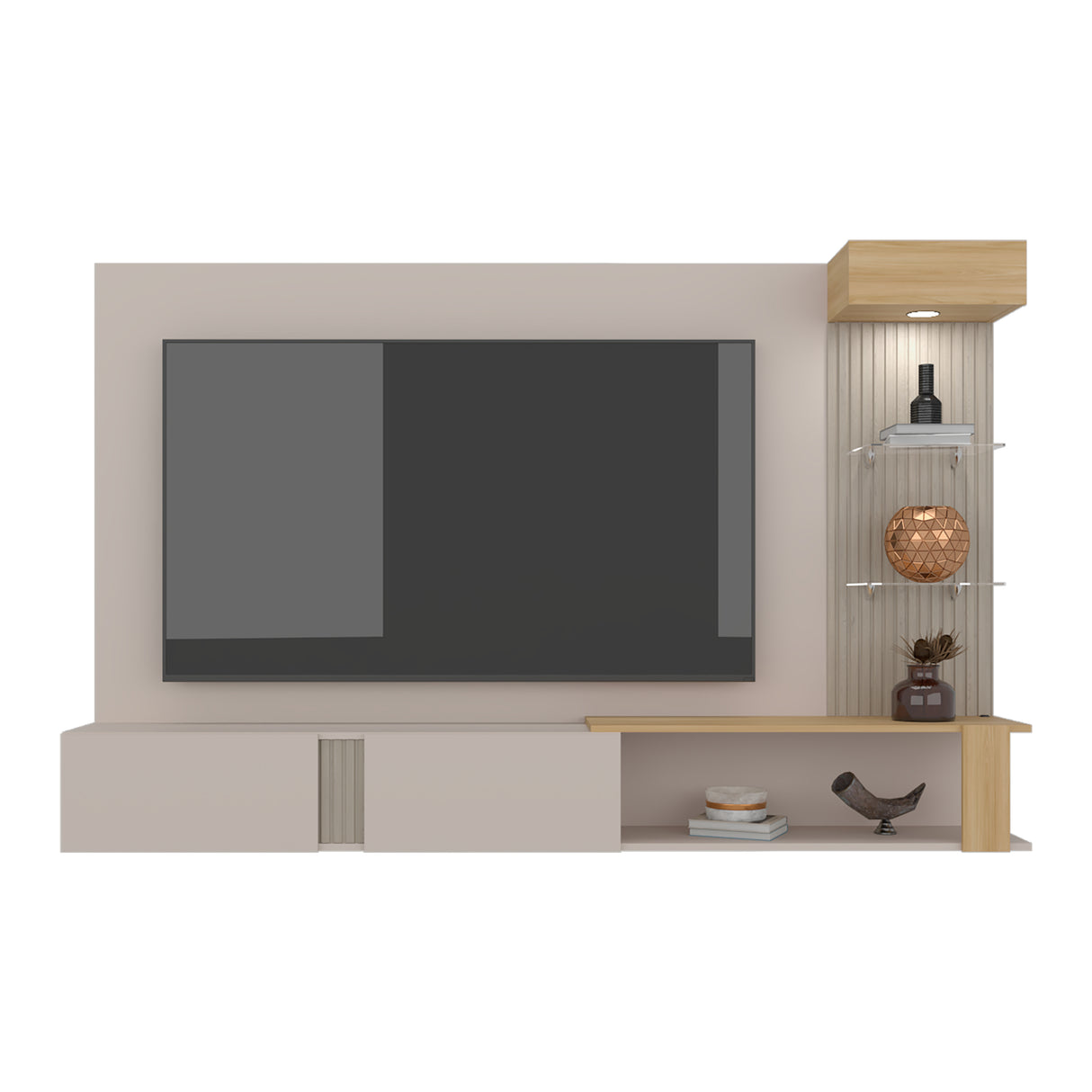 Panel de TV Isolde Capri y Fresno 208.7x132.2cm para TV Hasta 65" Pulgadas con Seis Compartimientos - MUEBLES DE TV | Bylmo