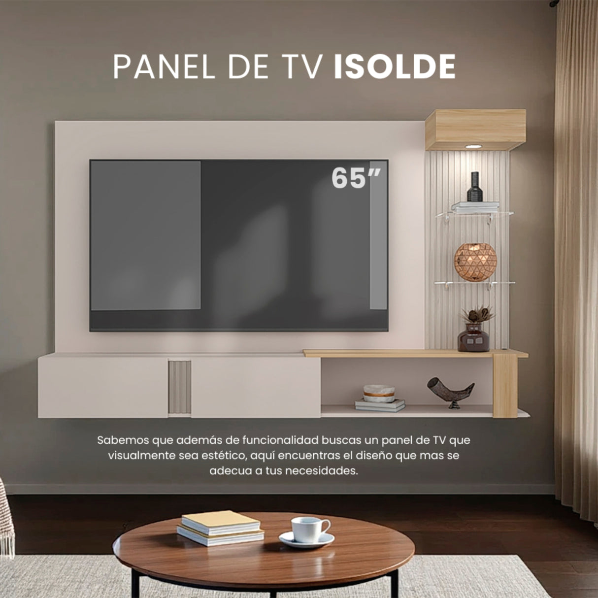 Panel de TV Isolde Capri y Fresno 208.7x132.2cm para TV Hasta 65" Pulgadas con Seis Compartimientos - MUEBLES DE TV | Bylmo