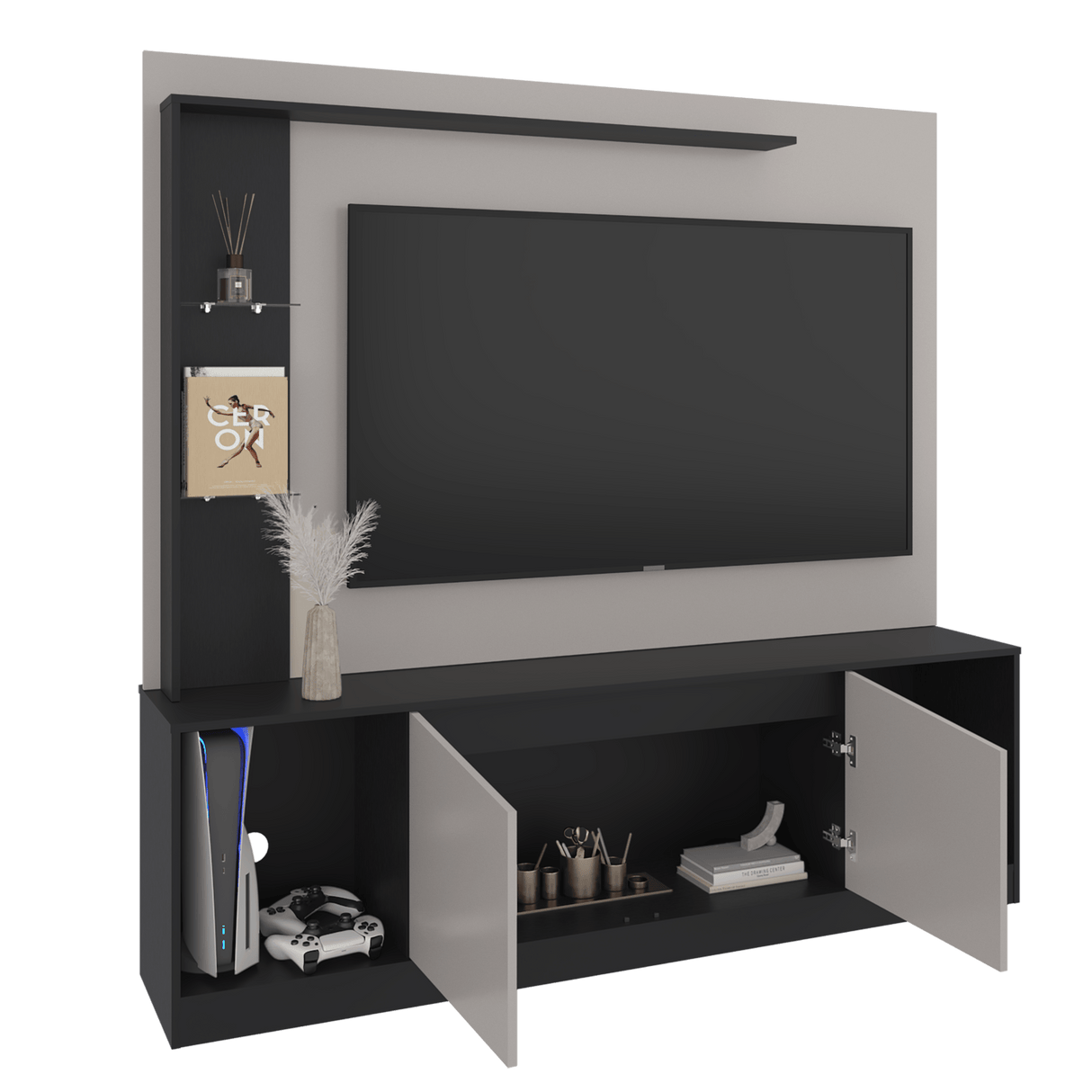 Centro de Entretenimiento Cuera Capri y Wengue 180x174cm para TV Hasta 60" Pulgadas con Seis Compartimientos - MUEBLES DE TV | Bylmo