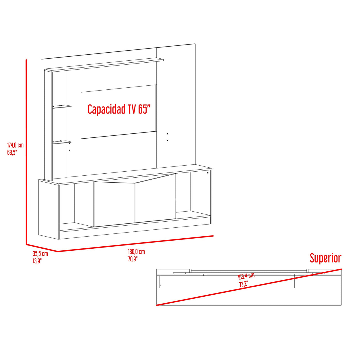 Centro de Entretenimiento Cuera Capri y Wengue 180x174cm para TV Hasta 60" Pulgadas con Seis Compartimientos - MUEBLES DE TV | Bylmo