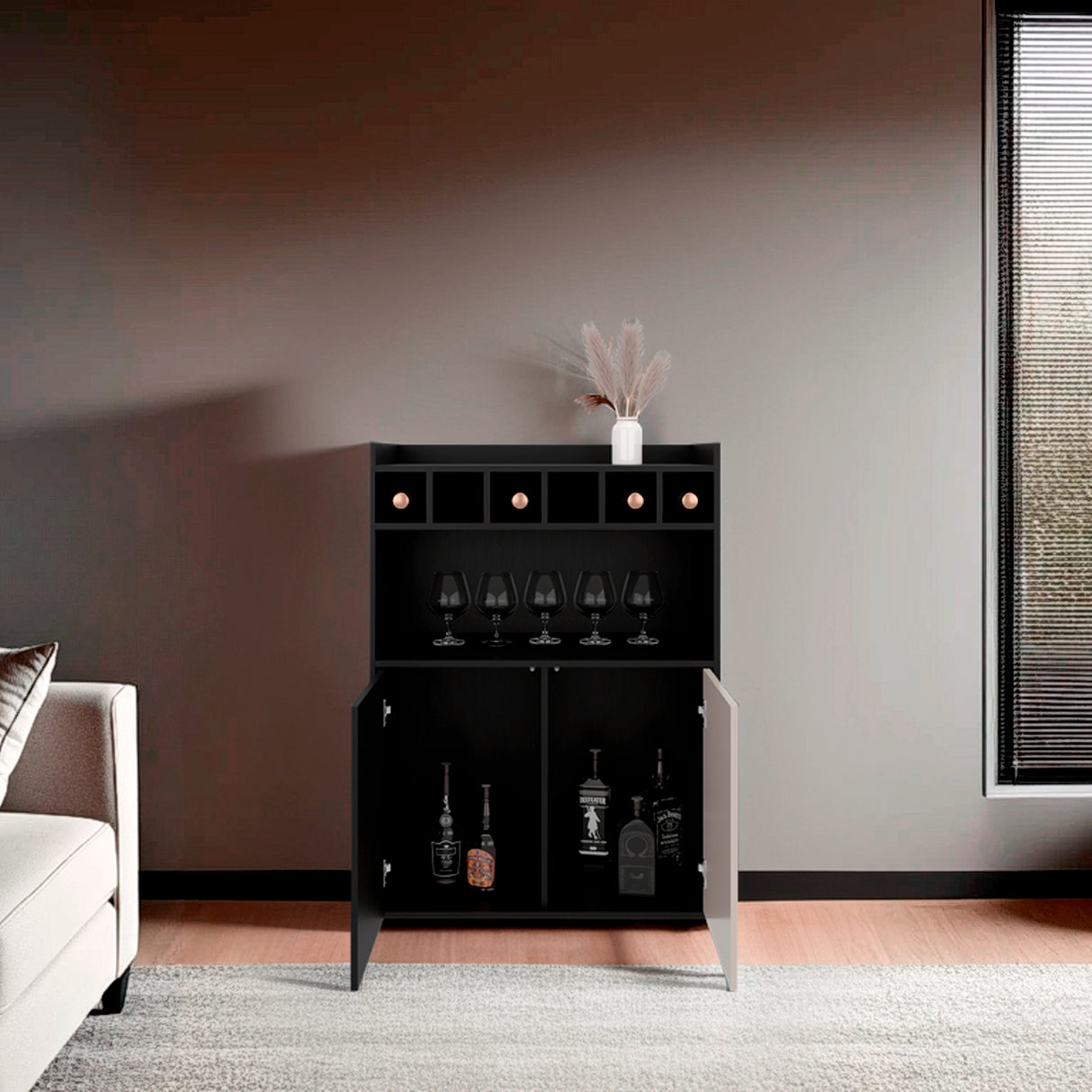 Bar Cuera Capri y Wengue 78.4x106.6cm con Cinco Compartimientos y con Seis Portabotellas - BARES | Bylmo