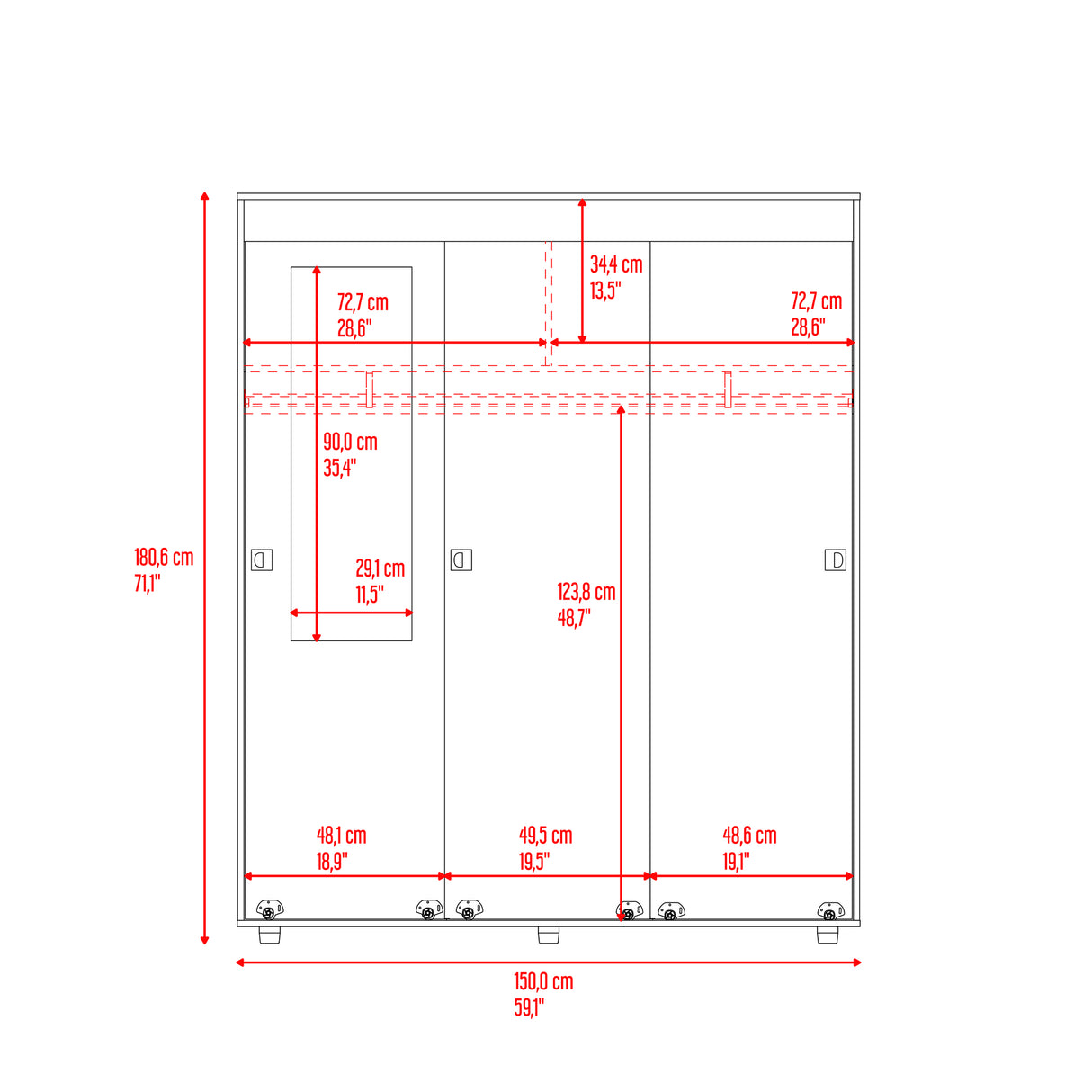 Closet Angelo Fresno Europeo y Wengue 150x180.6cm con Tres Compartimientos y con dos Puertas Coredizas - CLOSETS | Bylmo