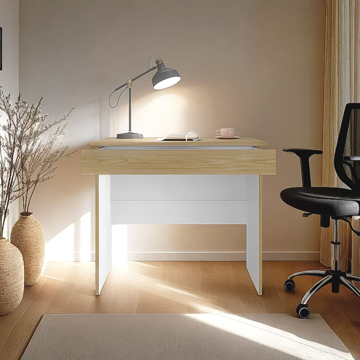 Escritorio Ohio Eco Fresno Europeo y Blanco 80x73cm con Un Cajón