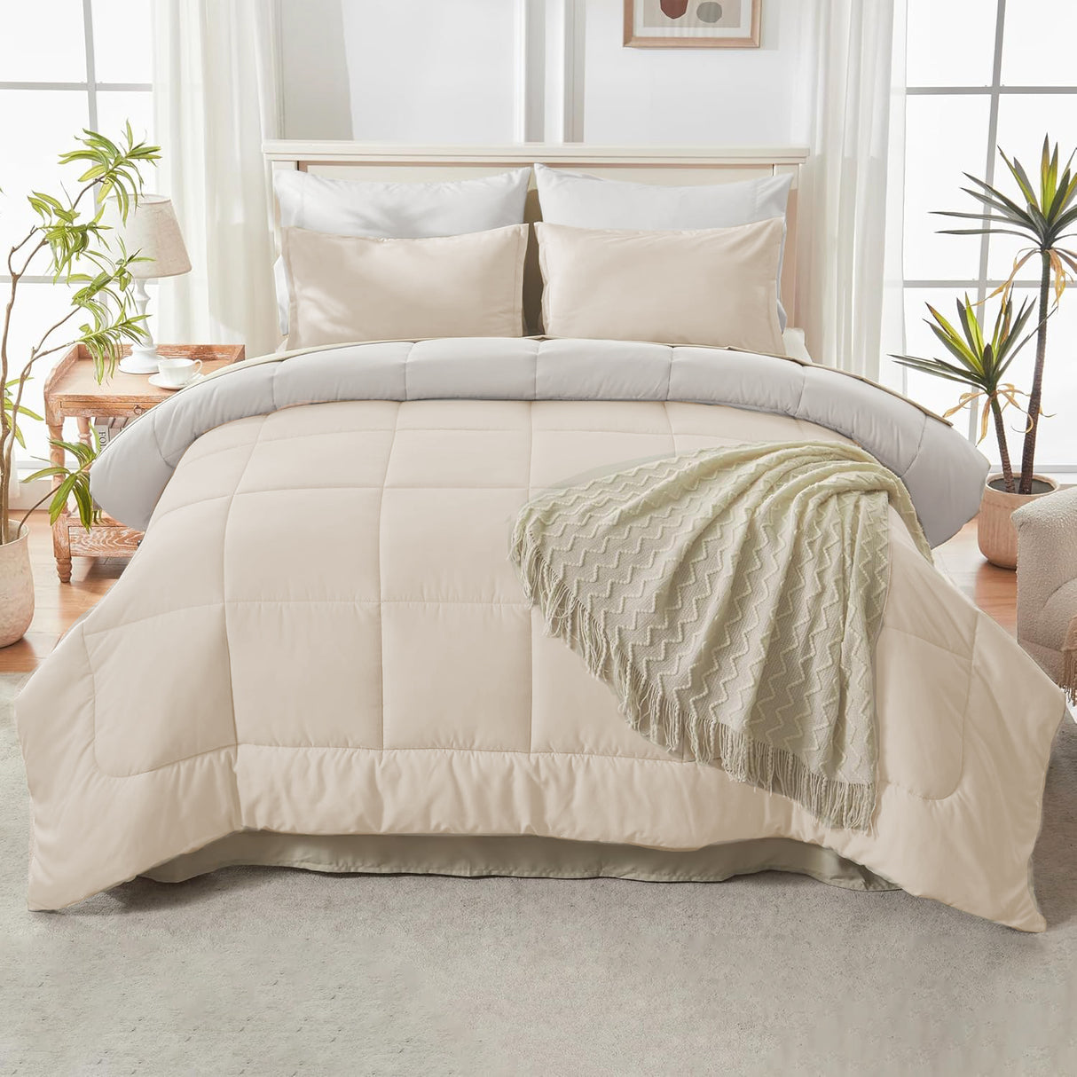 Edredón Acolchado Bicolor Beige y Gris 240x240cm Doble Faz para Cama Queen - TENDIDOS Y CUBRELECHOS | Bylmo