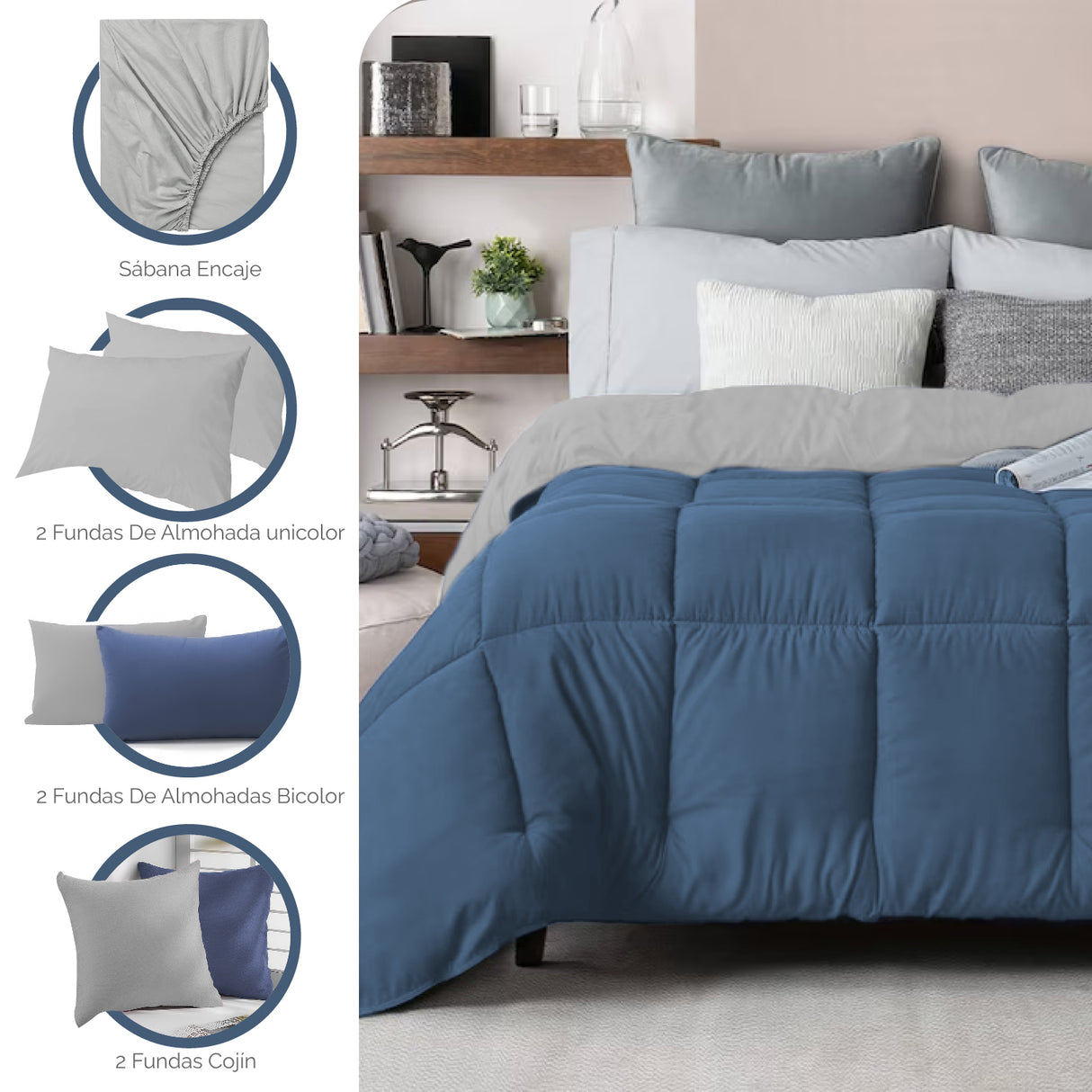 Combo Edredón Acolchado Bicolor Azul Oscuro y Gris Claro 200x240cm Doble Faz para Cama Semidoble - TENDIDOS Y CUBRELECHOS | Bylmo
