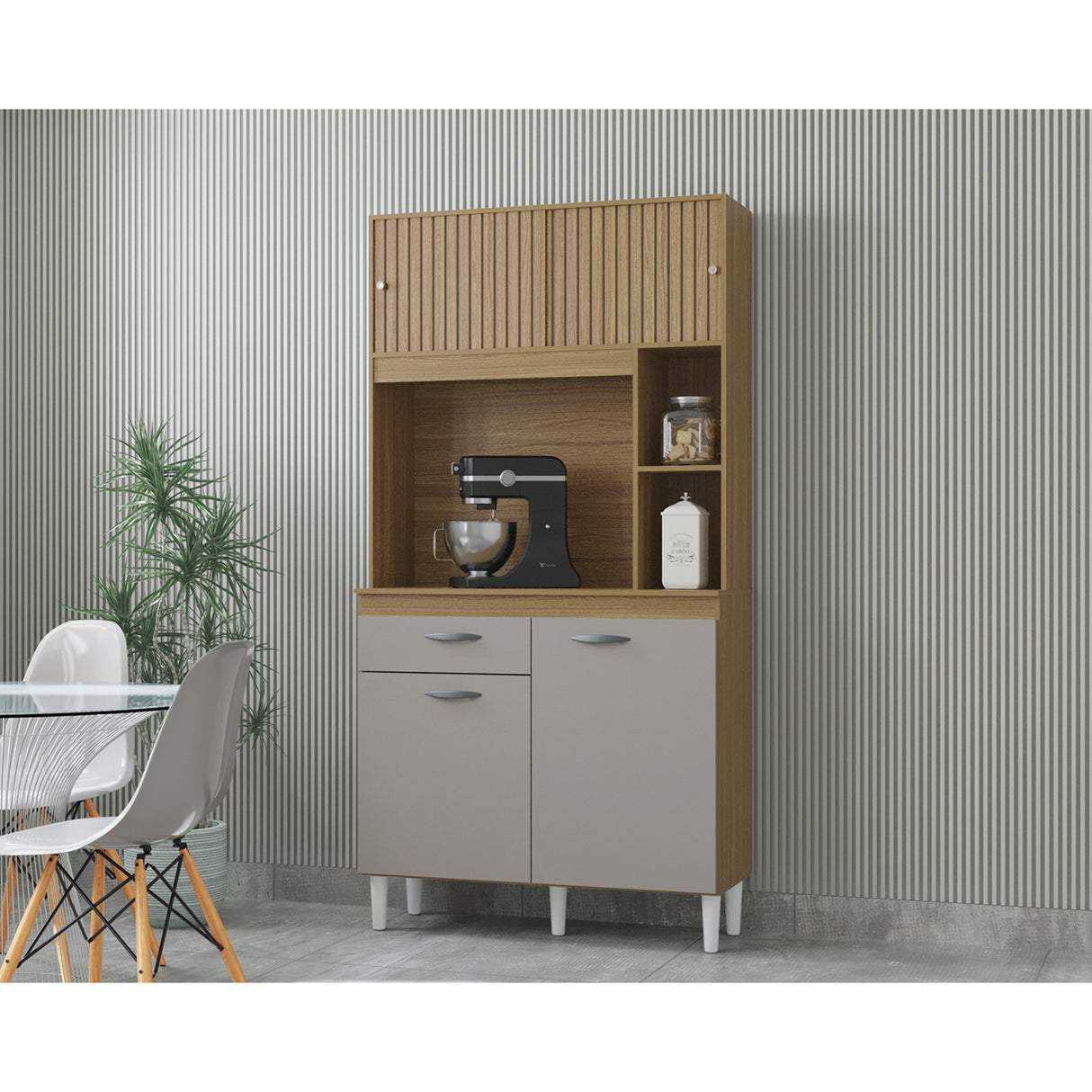 Alacena Duda Castaño y Beige 90x172cm con Un Cajón y Cuatro Puertas - ALACENAS Y MUEBLES MICROONDAS | Bylmo