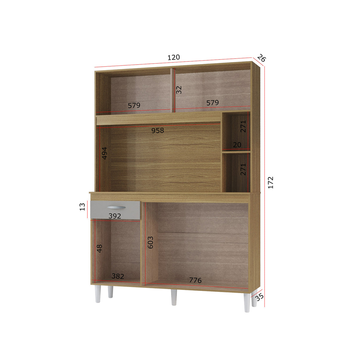 Alacena Duda Castaño y Beige 120x172cm con Un Cajón y Cinco Puertas - ALACENAS Y MUEBLES MICROONDAS | Bylmo