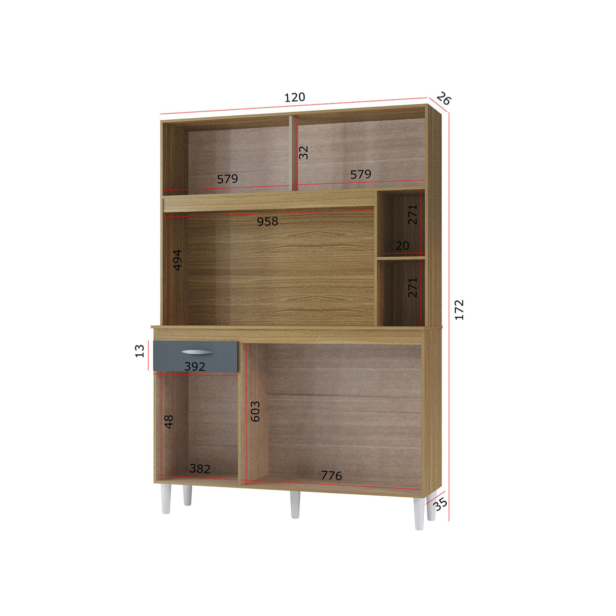 Alacena Duda Castaño y Gris 120x172cm con Un Cajón y Cinco Puertas - ALACENAS Y MUEBLES MICROONDAS | Bylmo