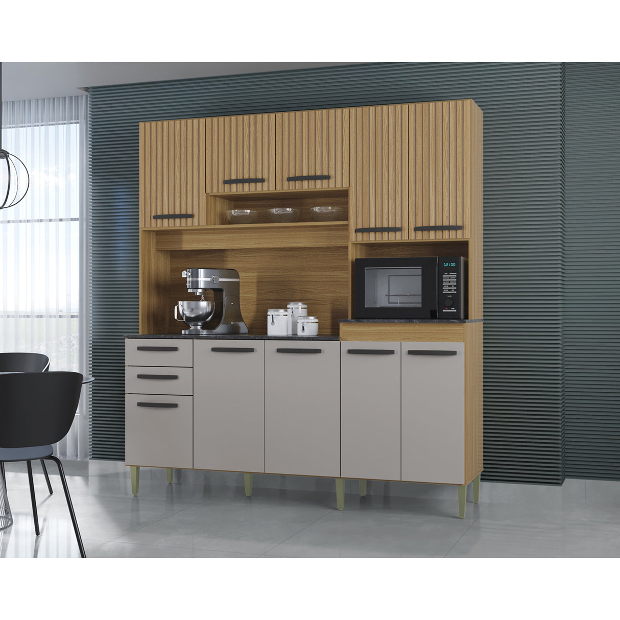 Alacena Elisa Castaño y Beige 180x200cm con Dos Cajones y Diez Puertas - ALACENAS Y MUEBLES MICROONDAS | Bylmo