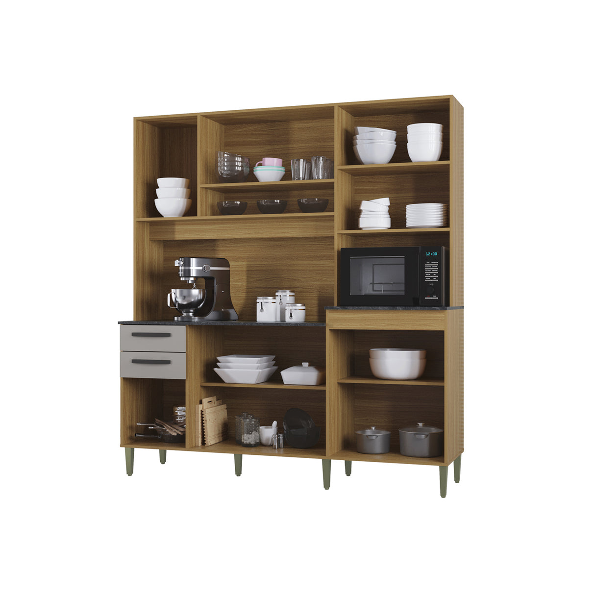 Alacena Elisa Castaño y Beige 180x200cm con Dos Cajones y Diez Puertas - ALACENAS Y MUEBLES MICROONDAS | Bylmo