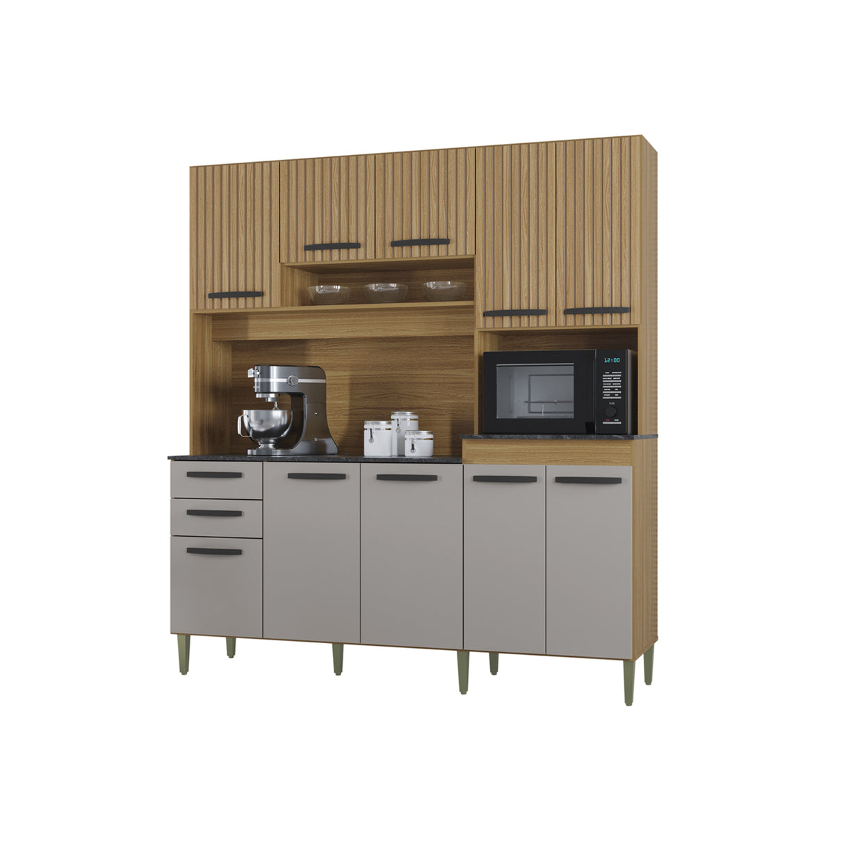 Alacena Elisa Castaño y Beige 180x200cm con Dos Cajones y Diez Puertas - ALACENAS Y MUEBLES MICROONDAS | Bylmo