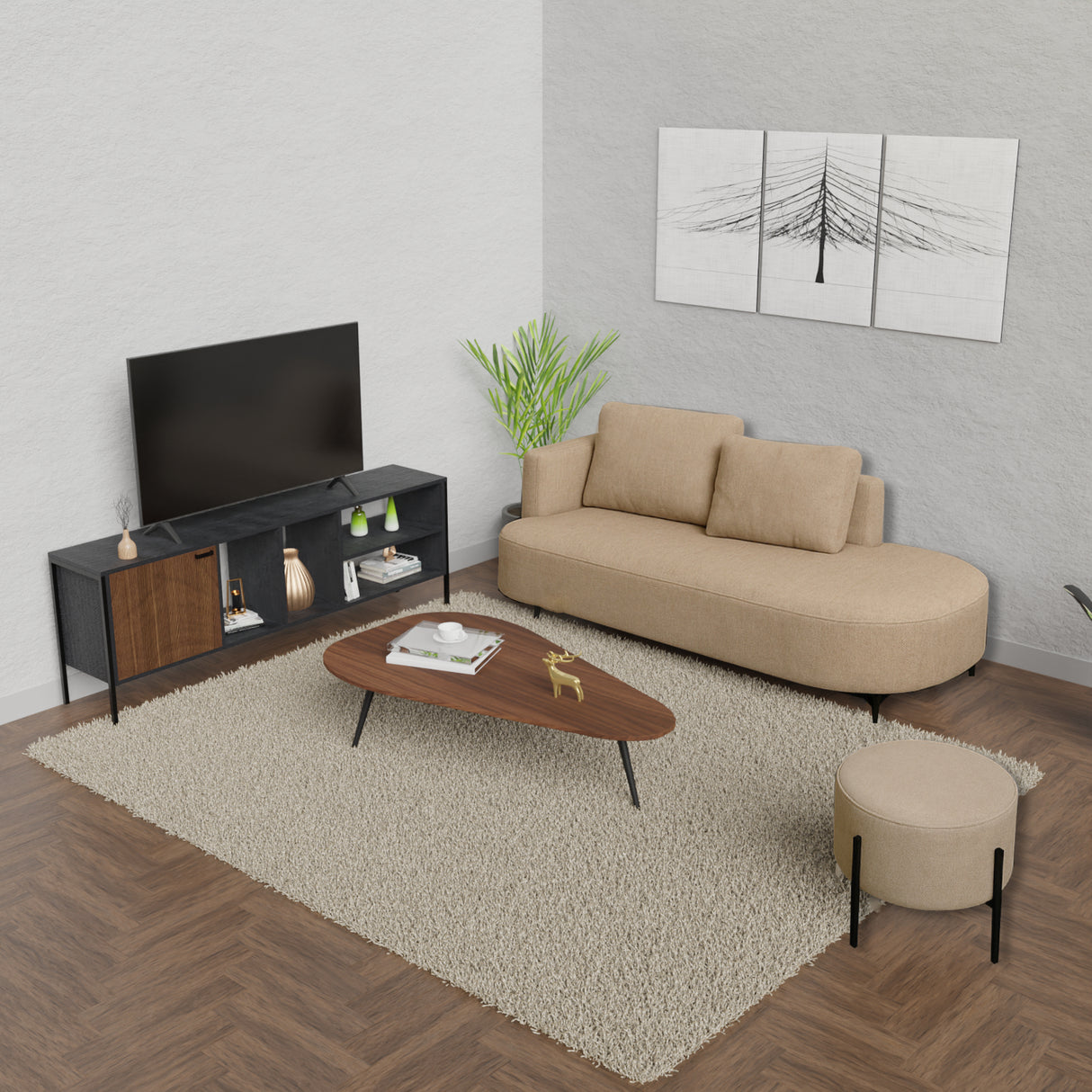 Sala Dubai Top Beige y Amaretto 160x70cm De Tres Puestos Antifluido con Mesa de Tv Puff y Mesa de Centro - SOFAS Y POLTRONAS | Bylmo