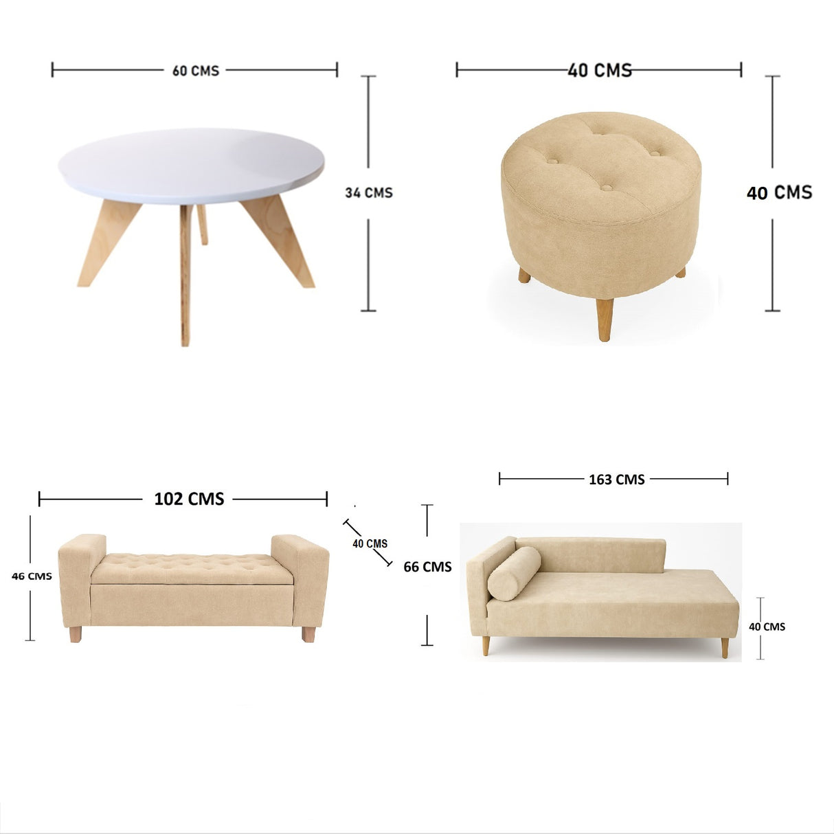 Sala Beige y Blanco 160x70cm De Tres Puestos Antifluido con Puff Banqueta Baúl y Mesa de Centro - SOFAS Y POLTRONAS | Bylmo