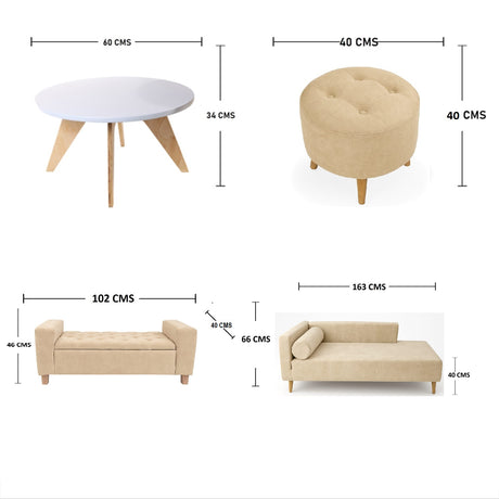 Sala Beige y Blanco 160x70cm De Tres Puestos Antifluido con Puff Banqueta Baúl y Mesa de Centro - SOFAS Y POLTRONAS | Bylmo