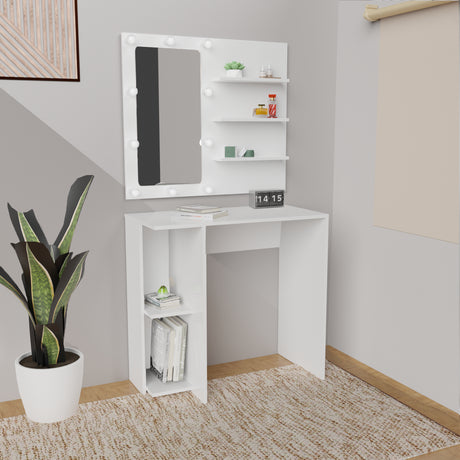 Combo Panel Tocador con Escritorio Hollywood Blanco 80x70cm de Un Puesto con Iluminación LED - TOCADORES | Bylmo