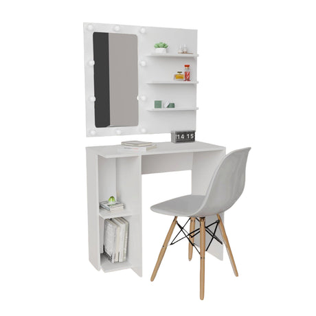 Combo Panel Tocador con Escritorio y Silla Eames Hollywood Blanco 80x70cm de Un Puesto con Iluminación LED - TOCADORES | Bylmo