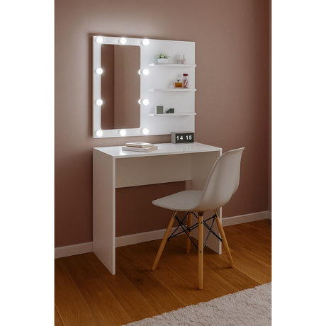 Combo Panel Tocador con Silla Tomy Hollywood Blanco 80x70cm de Un Puesto con Iluminación LED - TOCADORES | Bylmo