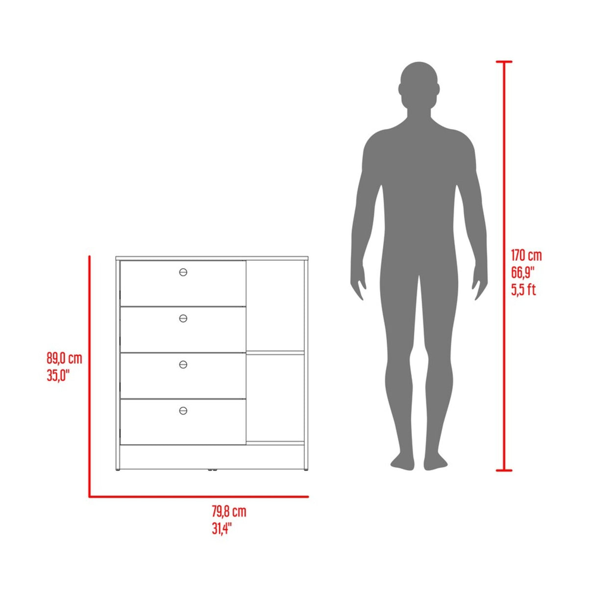 Cómoda Havana Cotta y Blanco 80x89cm de Cuatro Hileras con Cuatro Cajones - CAJONERAS Y COMODAS | Bylmo