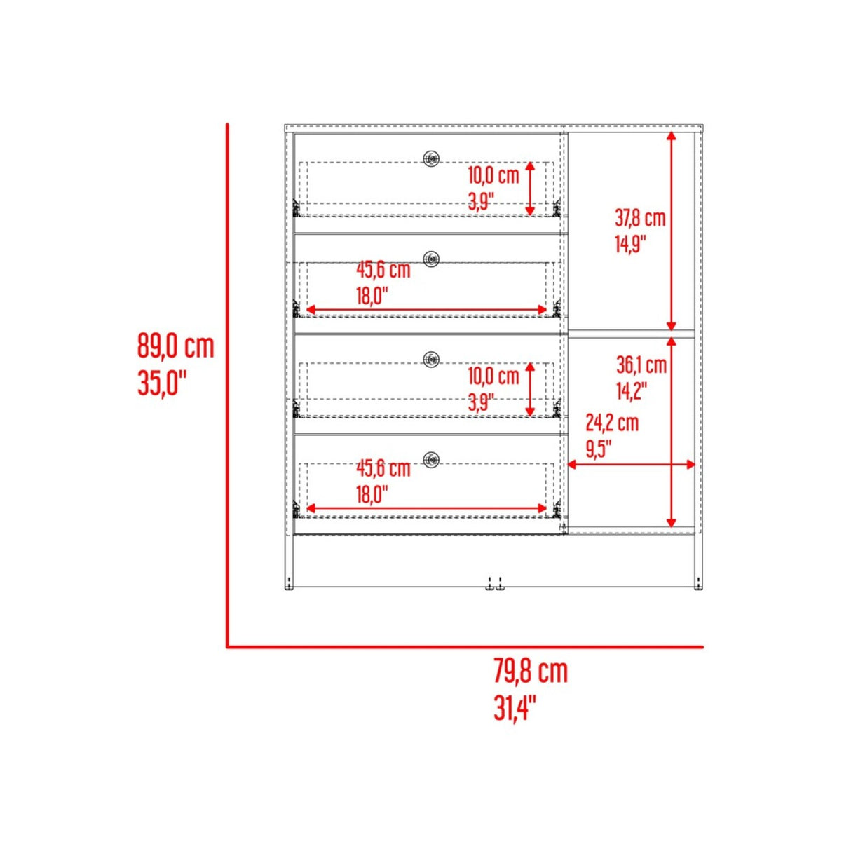 Cómoda Havana Cotta y Blanco 80x89cm de Cuatro Hileras con Cuatro Cajones - CAJONERAS Y COMODAS | Bylmo