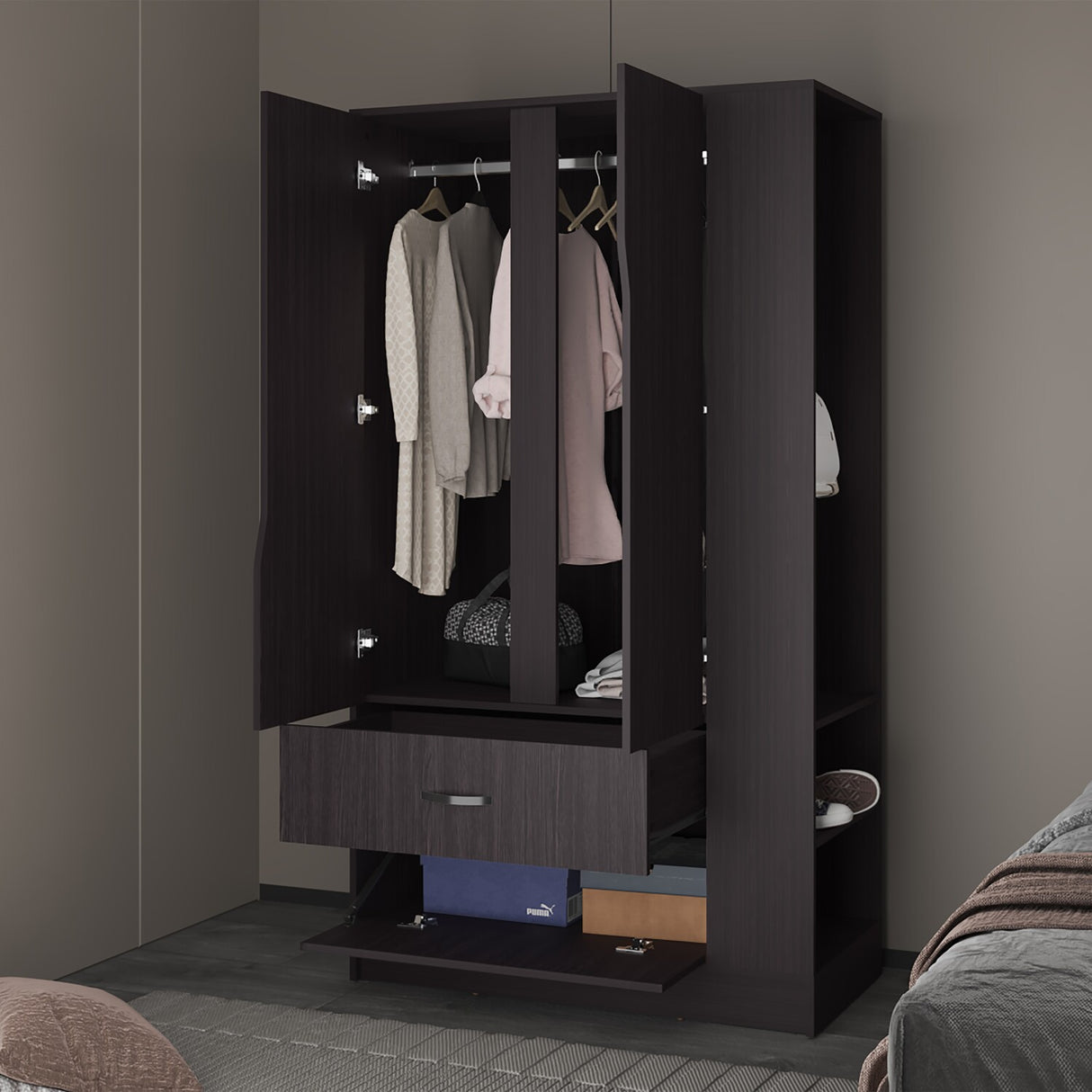 Closet Dakota Wengue 100x180.6cm con Un Cajón con Tres Puertas y con Colgadero de Ropa - CLOSETS | Bylmo