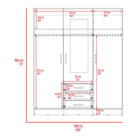 Closet Wengue 150x180.6cm con Tres Cajones con Tres Puertas con Colgadero de Ropa y con Espejo - CLOSETS | Bylmo