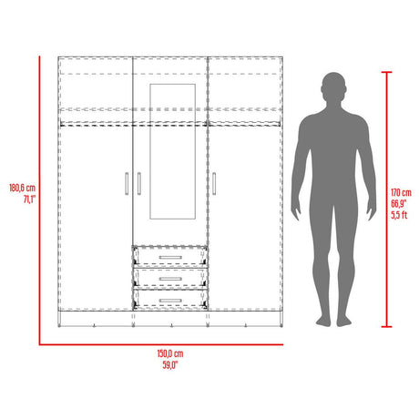 Closet Wengue 150x180.6cm con Tres Cajones con Tres Puertas con Colgadero de Ropa y con Espejo - CLOSETS | Bylmo
