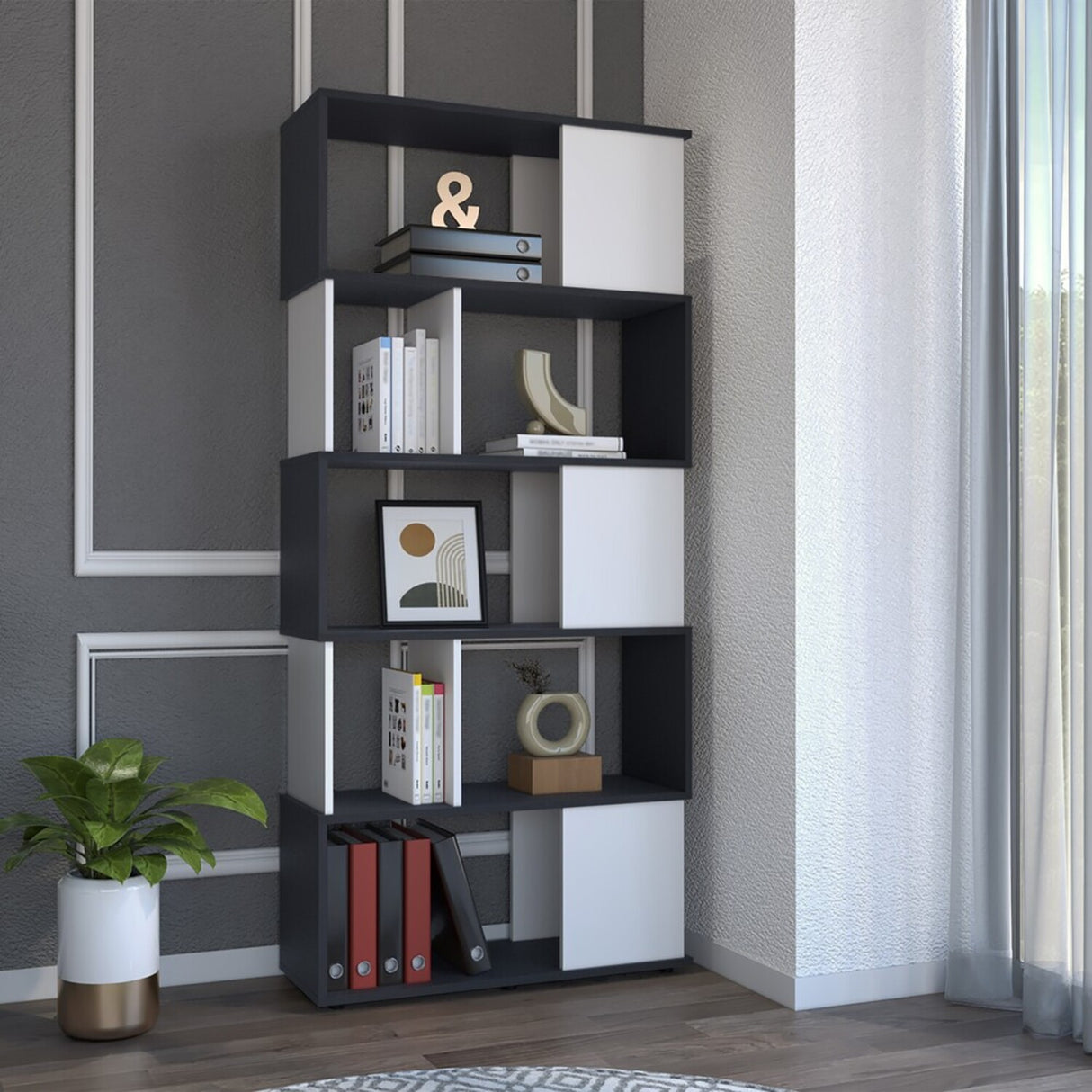 Biblioteca Noah Wengue y Blanco 80x175cm Rectangular con Siete Compartimientos - BIBLIOTECAS Y ESTANTERIAS | Bylmo