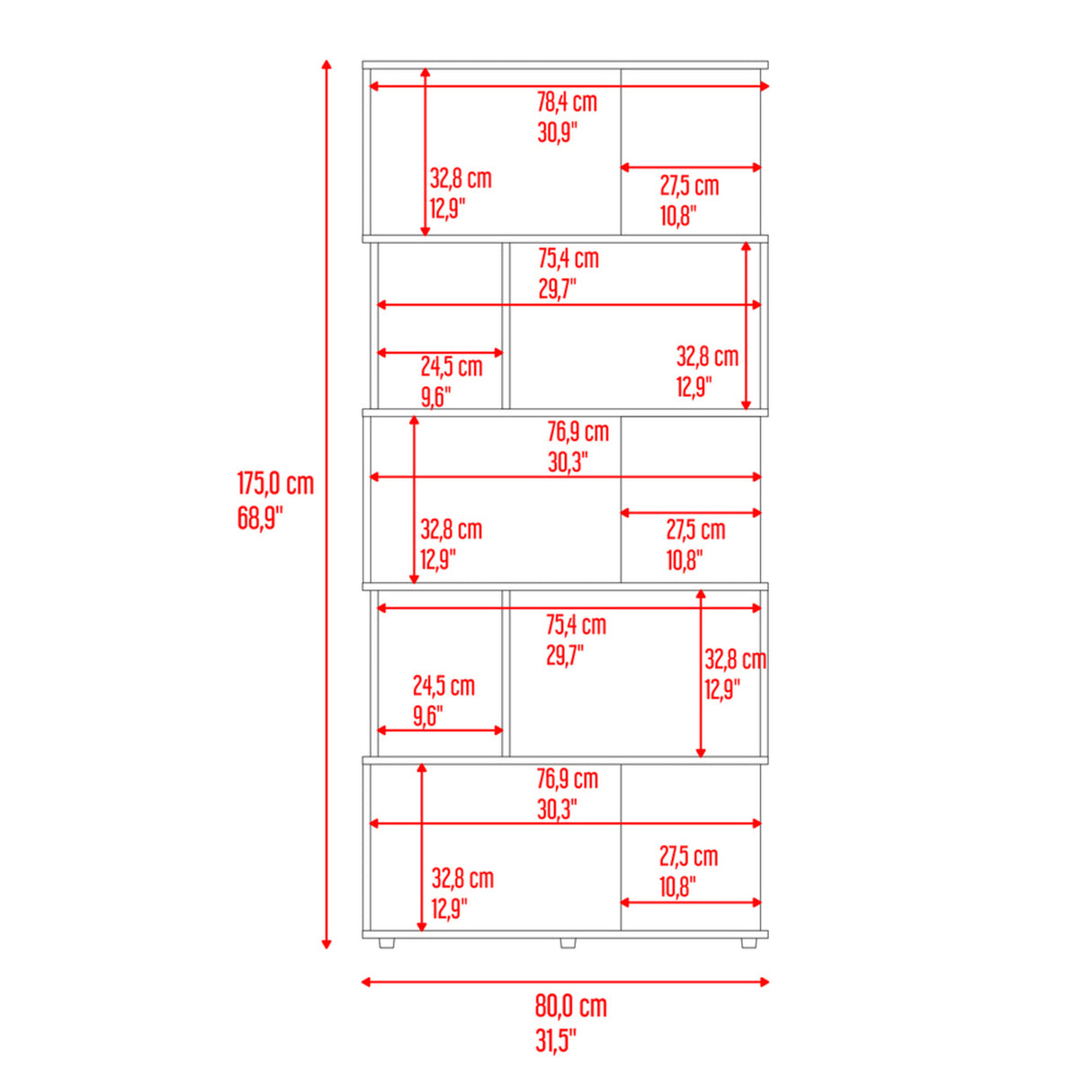 Biblioteca Noah Wengue y Blanco 80x175cm Rectangular con Siete Compartimientos - BIBLIOTECAS Y ESTANTERIAS | Bylmo