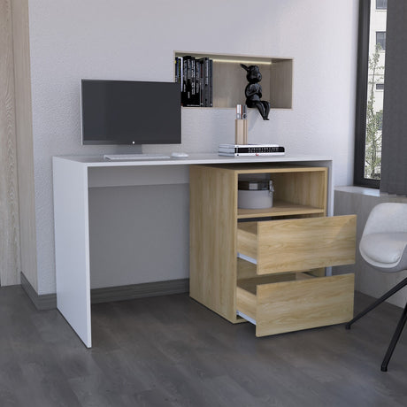 Escritorio Rookie Blanco y Fresno 120x75cm con Dos Cajones y con Organizador de Libros - ESCRITORIOS | Bylmo