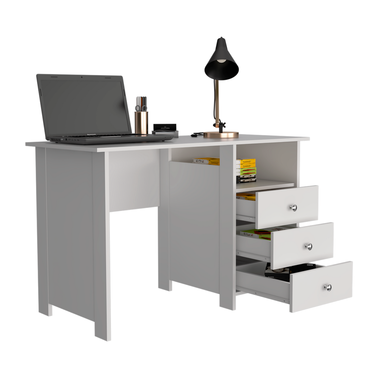 Escritorio Bianco Blanco 120x75cm con Tres Cajones y con Organizador de Libros - ESCRITORIOS | Bylmo