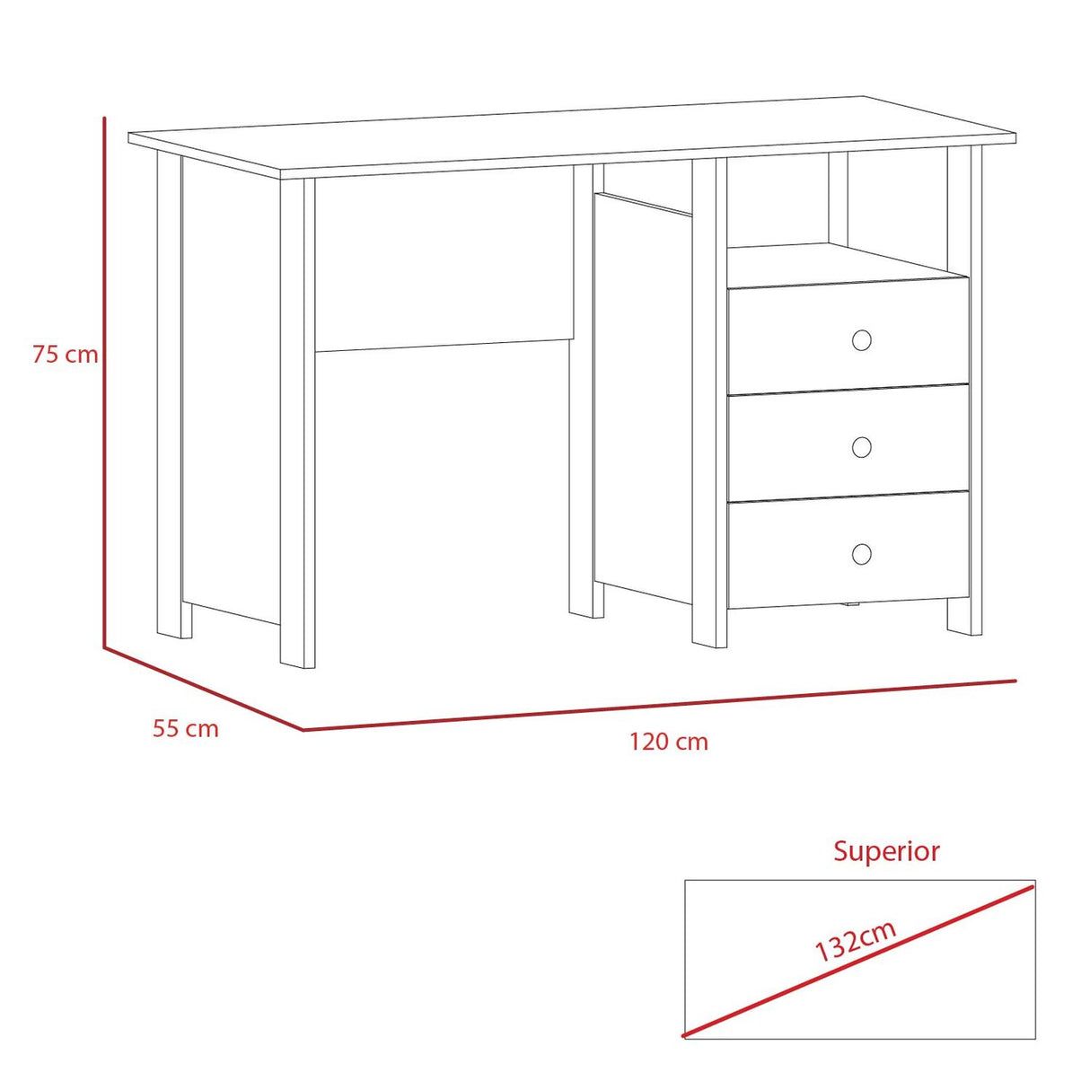 Escritorio Bianco Blanco 120x75cm con Tres Cajones y con Organizador de Libros - ESCRITORIOS | Bylmo