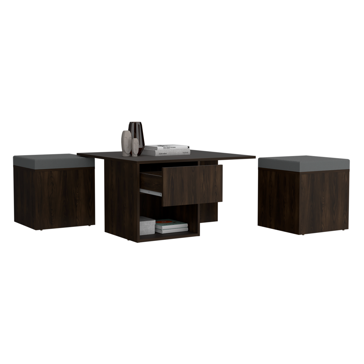 Mesa de Centro Lucien Nogal 80x45cm con Dos Asientos y con Compartimiento - MESAS DE CENTRO | Bylmo